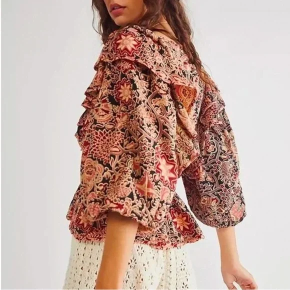 House of Harlow 1960 Jaipur Print Boho Abstract Floral Blouse Top Sz L Black Red - Picture 6 of 16